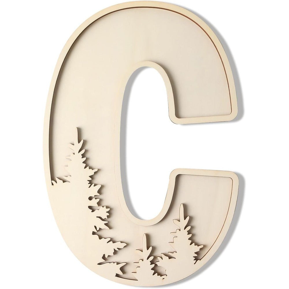 Longan Craft Woodland Layered Wooden Letters 12 Inch front view showcasing the rustic pine tree forest cutout design for nursery wall decor.