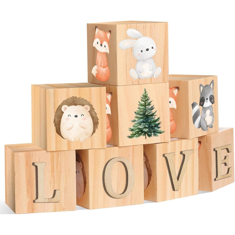Wonderjune Custom Woodland Animals Wooden Name Sign front view featuring personalized baby name cubes on a nursery shelf