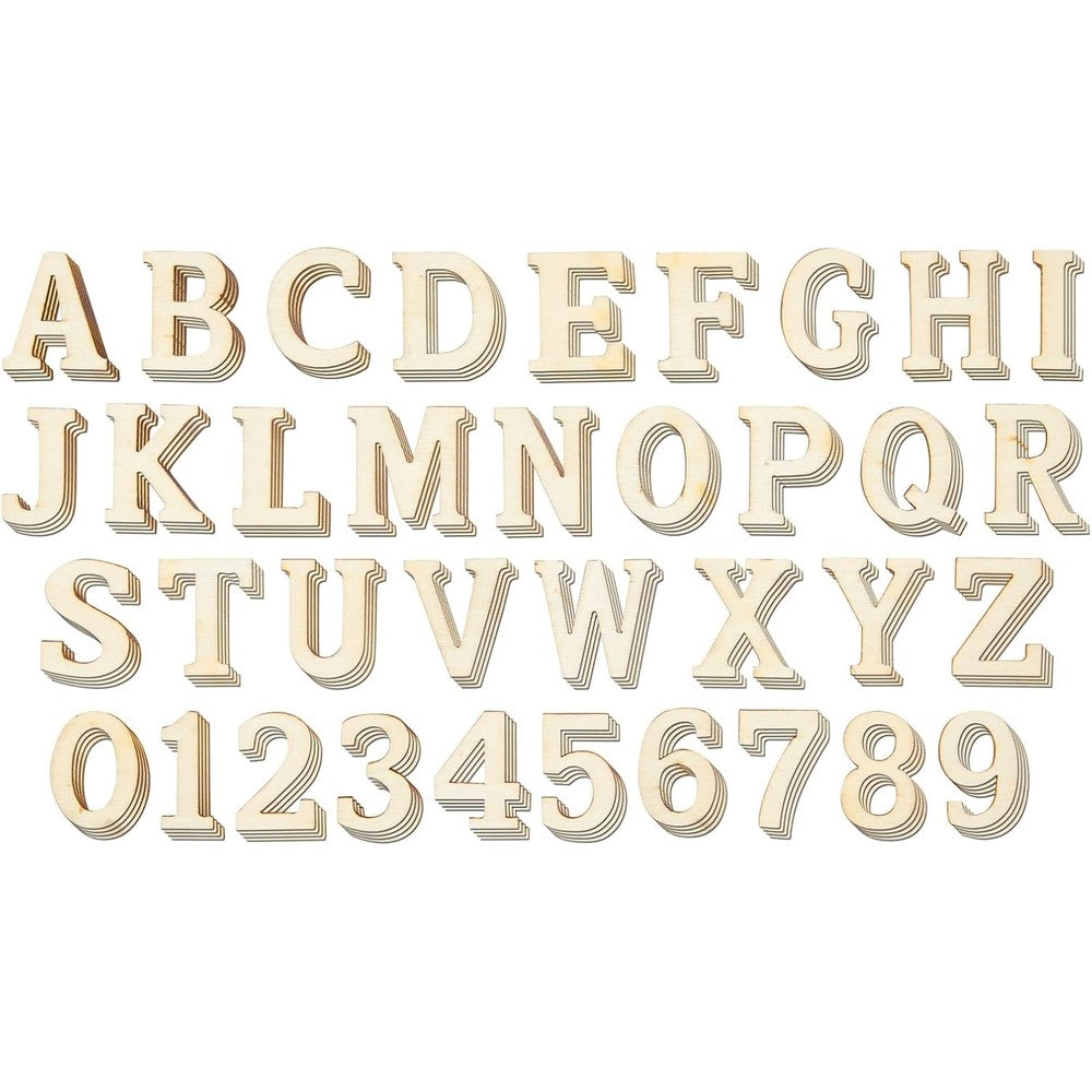Juvale Wooden Letters And Numbers Set front view showcasing 144 unfinished plywood pieces for DIY craft projects.