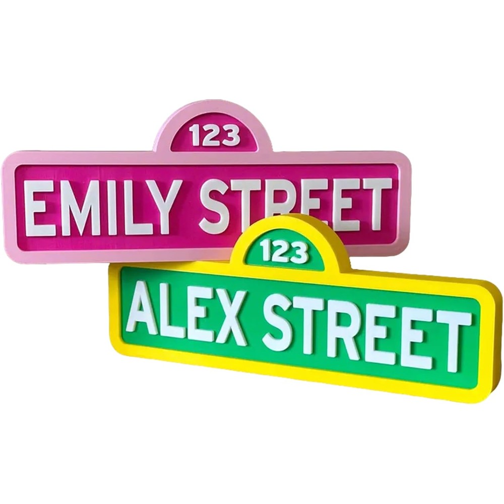 CozyIndustries Personalized Street Style Name Sign front view featuring custom Elmo inspired bright green and yellow color theme for kids room decoration.