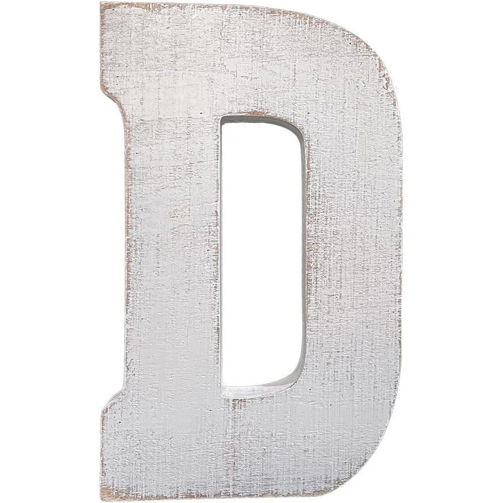 ABELOTS wooden distressed white wash alphabet monogram letter D front view rustic farmhouse home decor