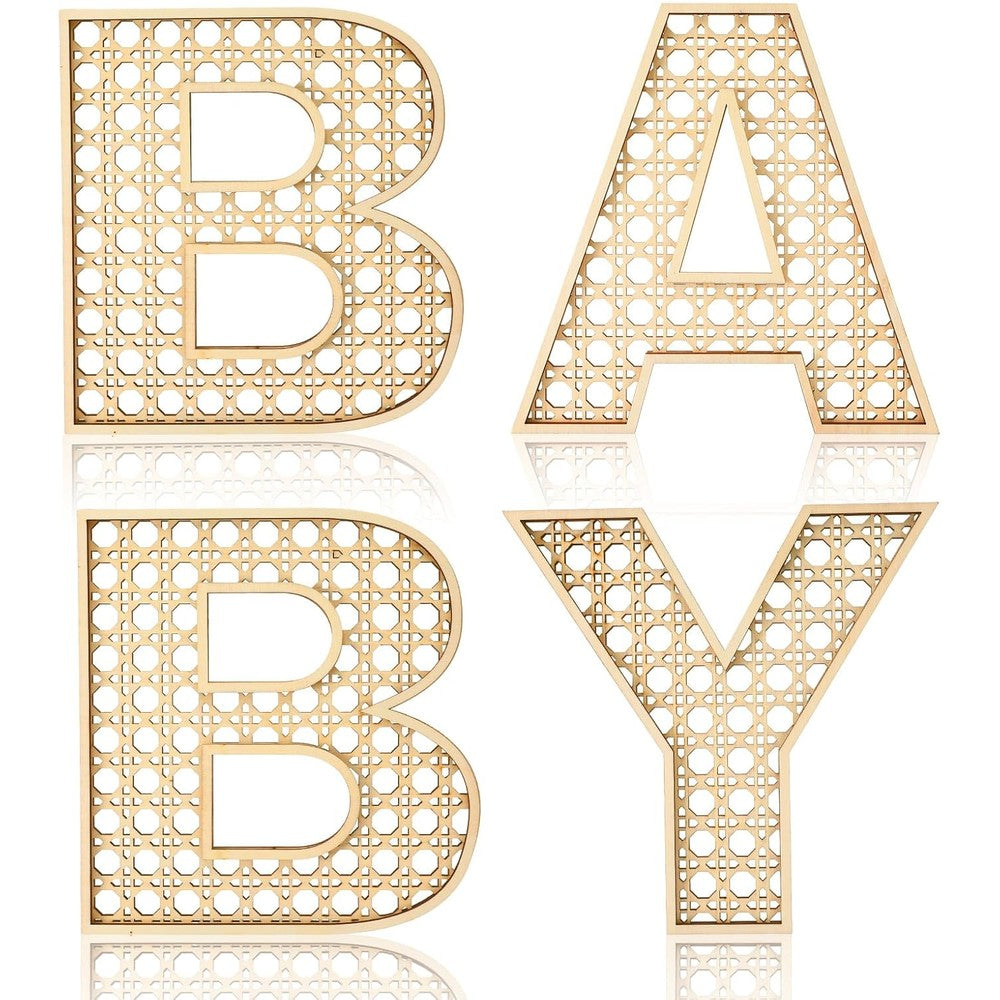 Menkxi 4 piece boho rattan wooden baby letters set front view for nursery wall decor