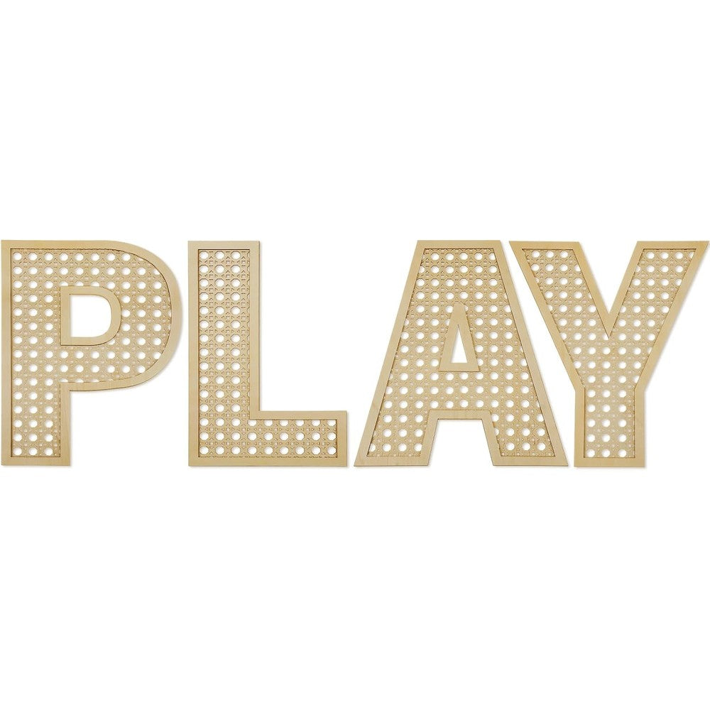 GlikCeil playroom decor rattan letters front view spelling play in a beautifully decorated kids nursery room.