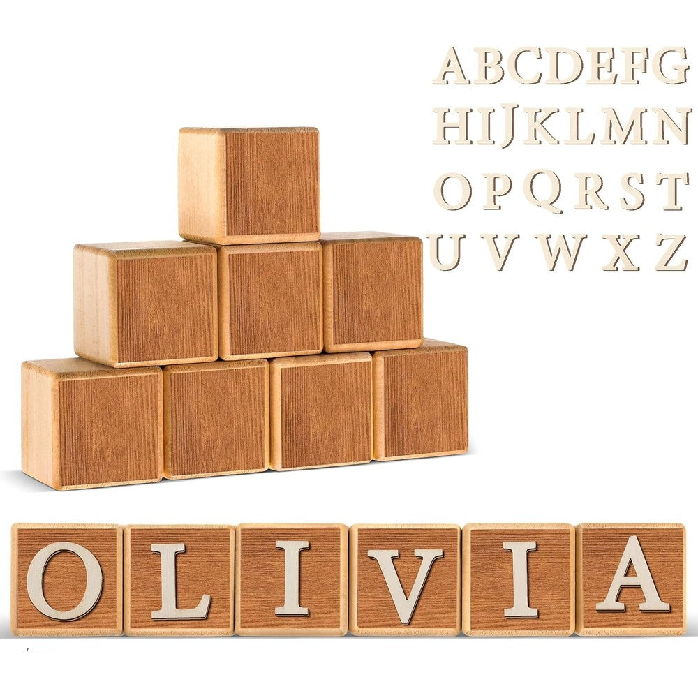 Kigley Custom Wooden Name Sign front view spelling out a baby name on nursery shelf