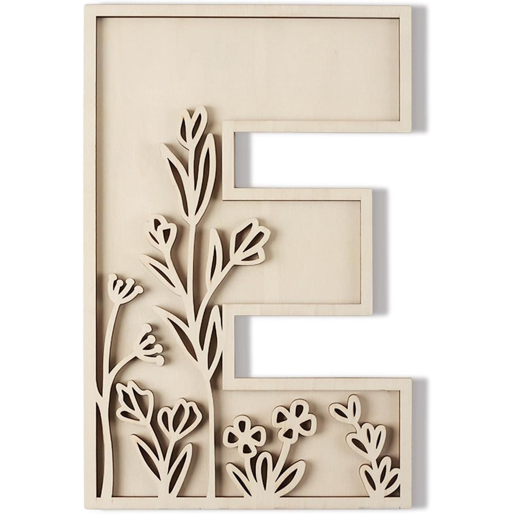 Longan Craft layered twelve inch wooden letter E front view showcasing intricate floral cutouts for wall decor.