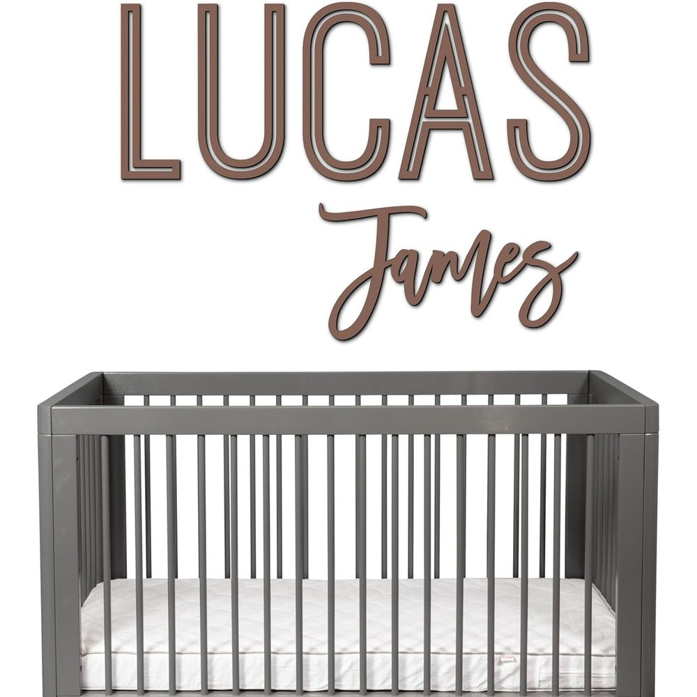 RumonZS personalized wooden first and middle name sign front view above a modern crib