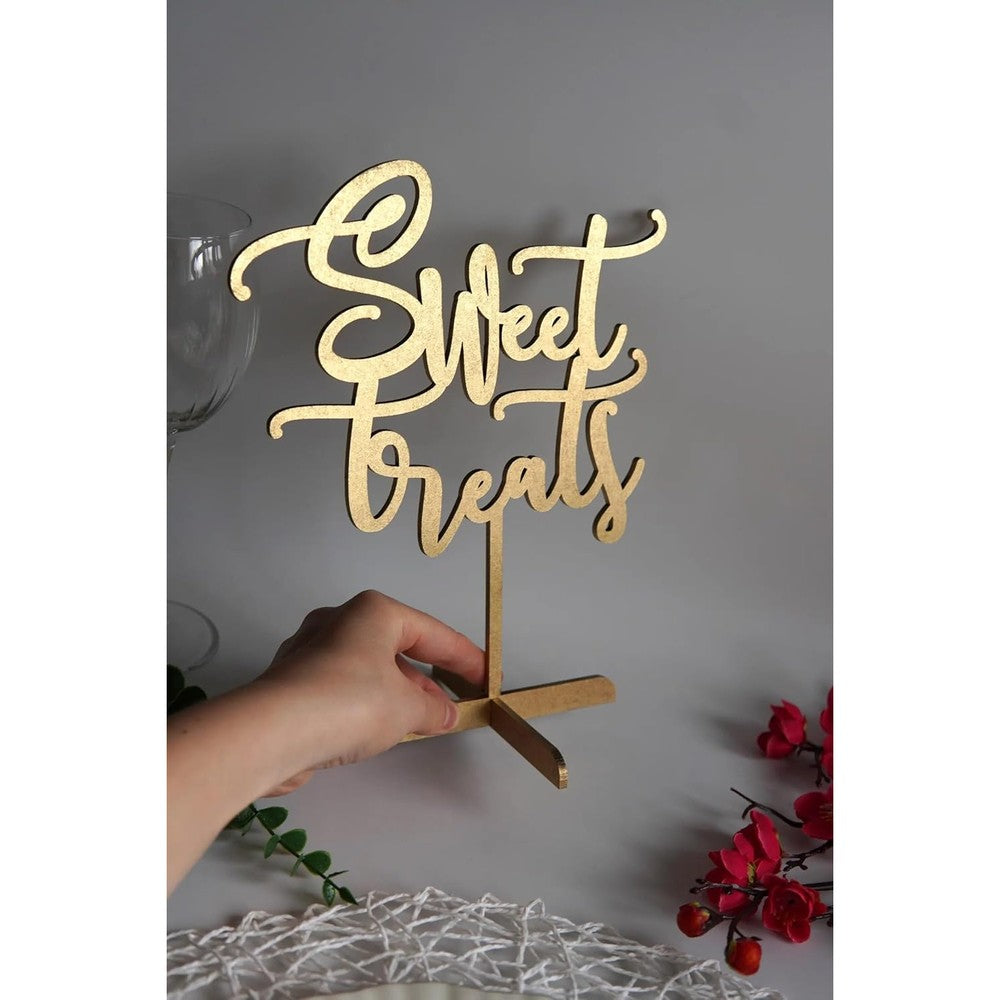 QWTOWFM Sweet Treats wooden table sign front view for rustic wedding dessert buffet decor