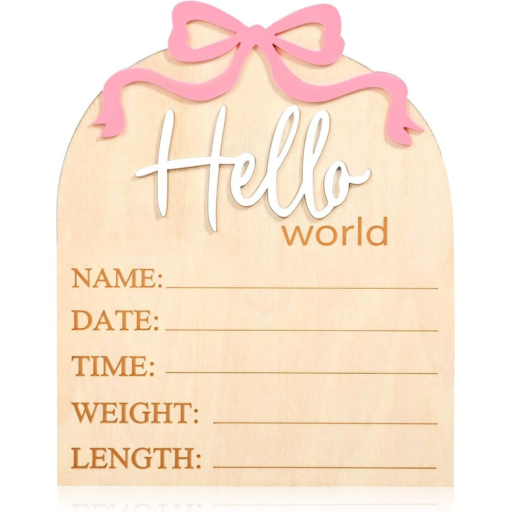 Piriuuo Hello World Newborn Sign front view showcasing the engraved text and 3D pink bow decoration.