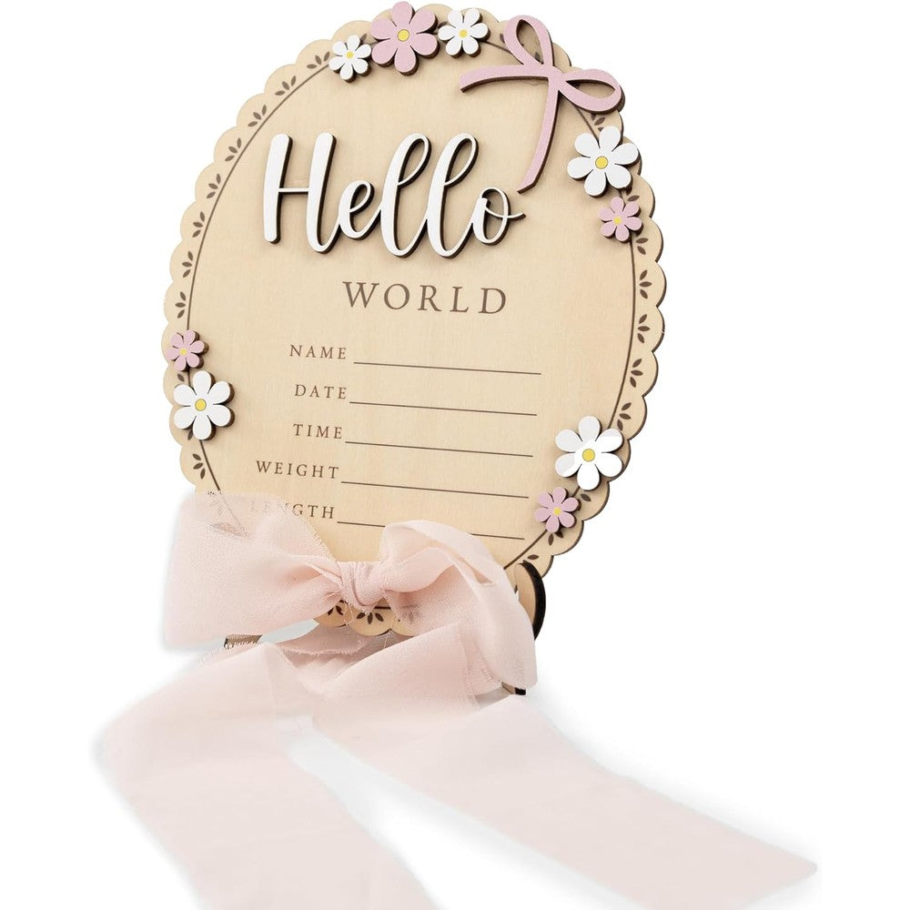 TTMerriwood baby announcement sign front view with hello world lettering