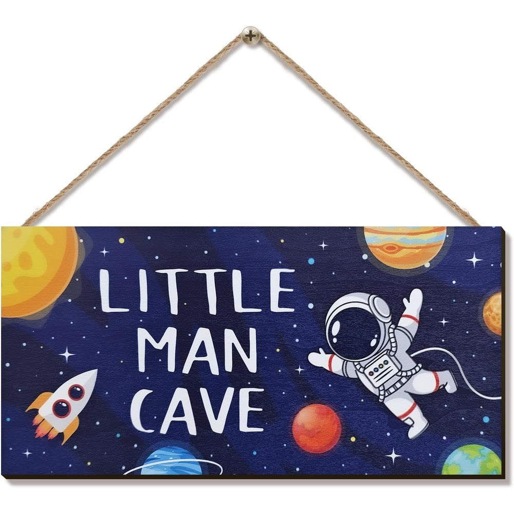 ZIEYOMI Little Man Cave Sign front view displaying vibrant astronaut and rocket designs.
