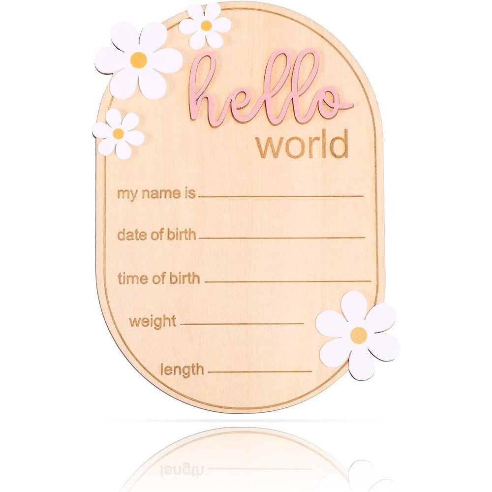 Gosknor wooden baby announcement sign front view showcasing pink letters and white floral details