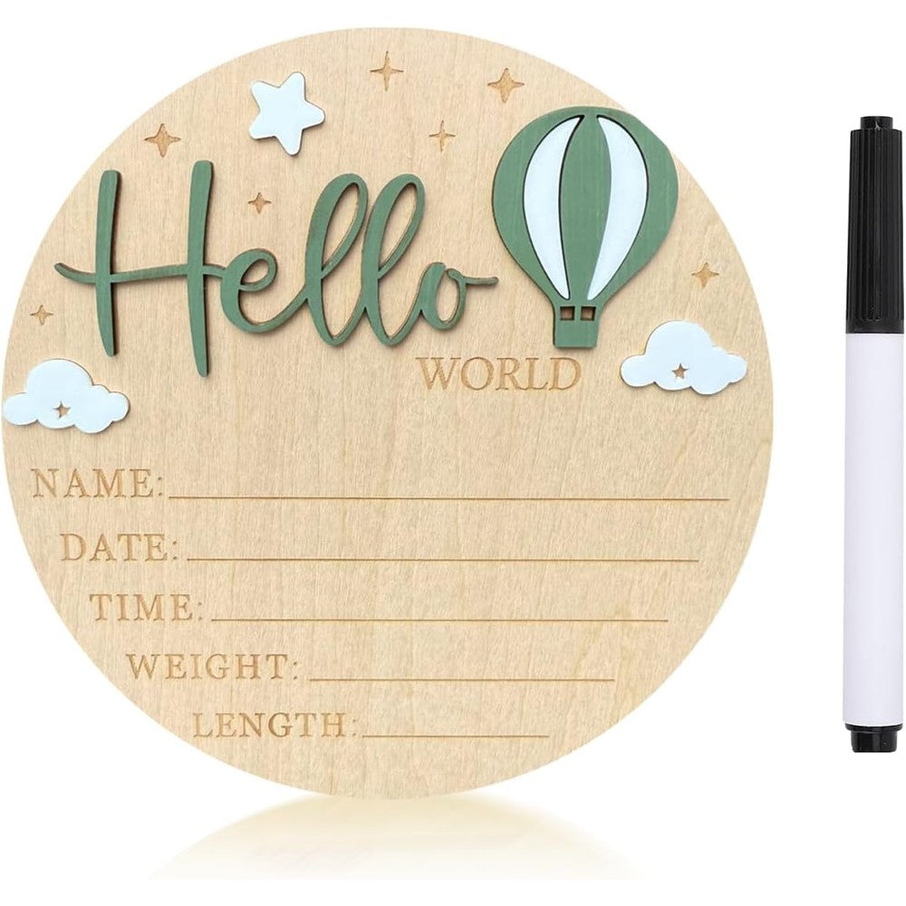 Ziyutam wooden baby announcement sign front view with forest green hot air balloon