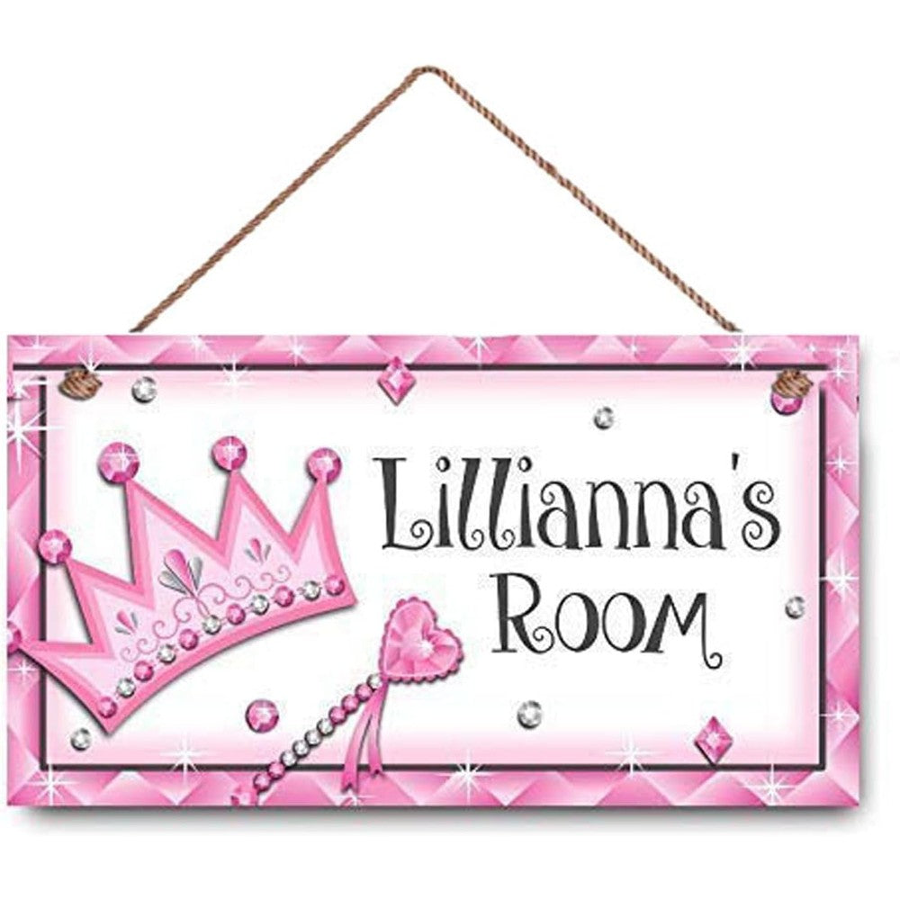 JZDKJN personalized name kids door sign front view featuring a custom name with a pink diamond crown design.
