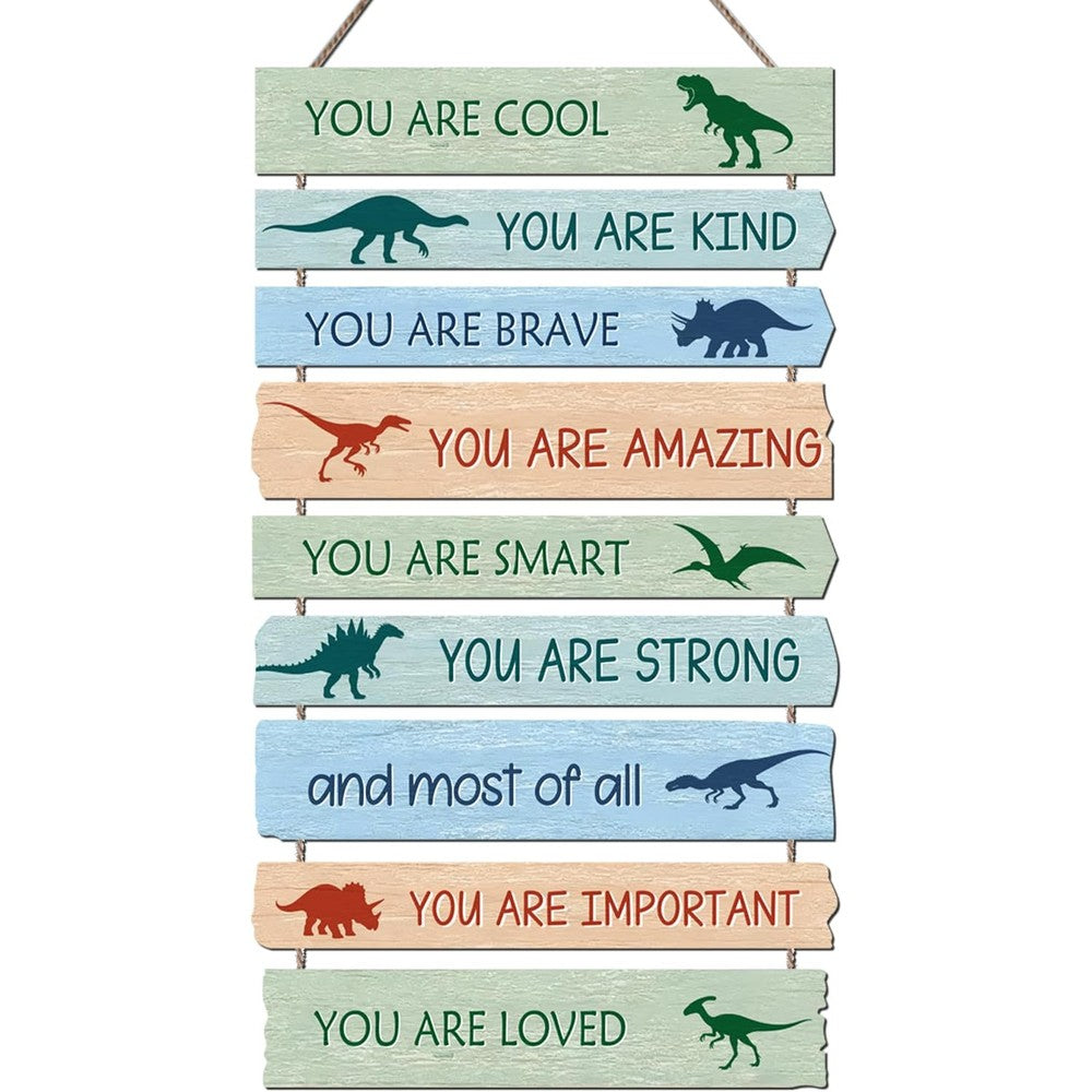 KIJETA dinosaur wall decor front view showing positive affirmation wooden signs for kids room