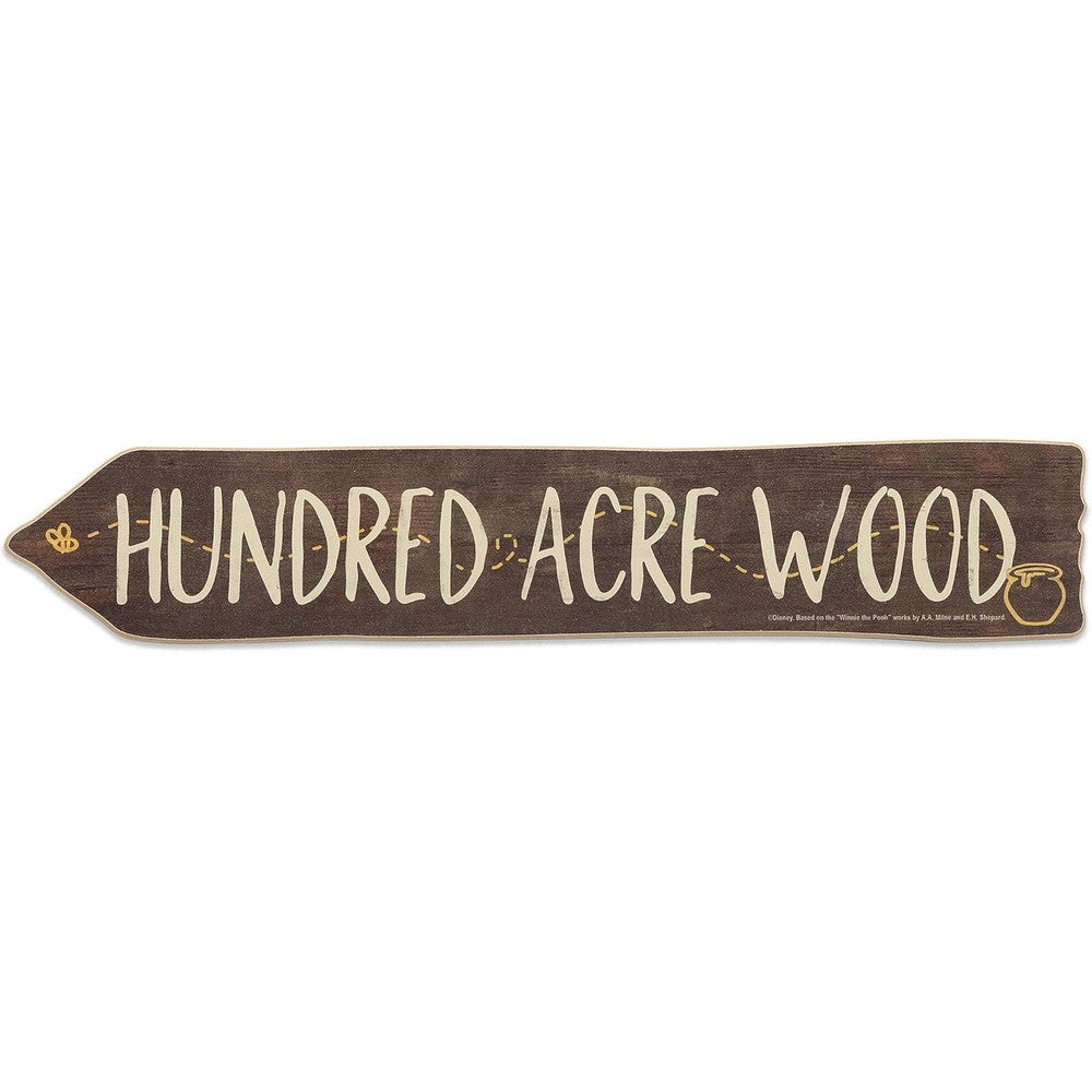 Open Road Brands Disney Winnie the Pooh Hundred Acre Wood Arrow Wall Decor front view showing brown wood grain texture