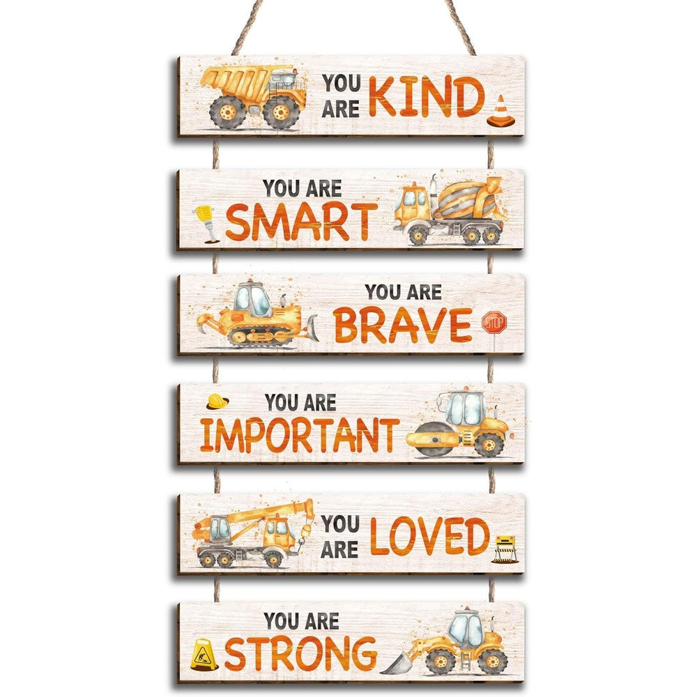 HIWERAN construction truck wooden wall art decor front view featuring multiple colorful vehicle signs for kids bedroom.
