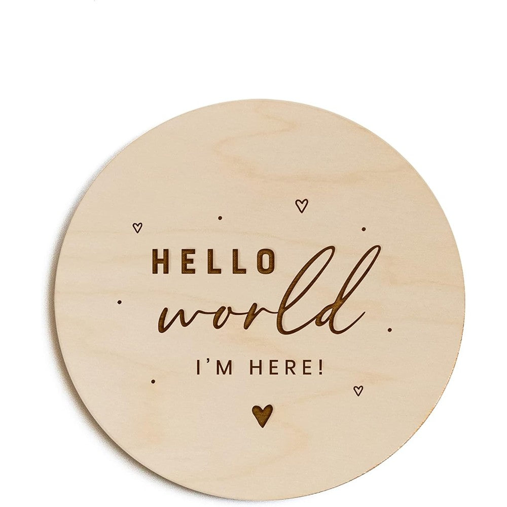 The Cotton & Canvas Co. Hello World newborn baby announcement wooden plaque front view
