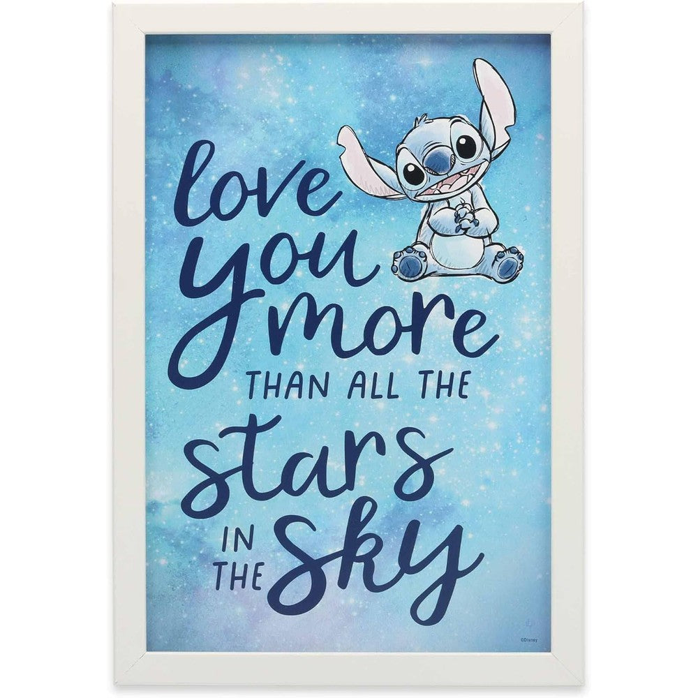 Open Road Brands Disney Lilo and Stitch Love You More Framed Wood Wall Decor front view showing smiling Stitch illustration.