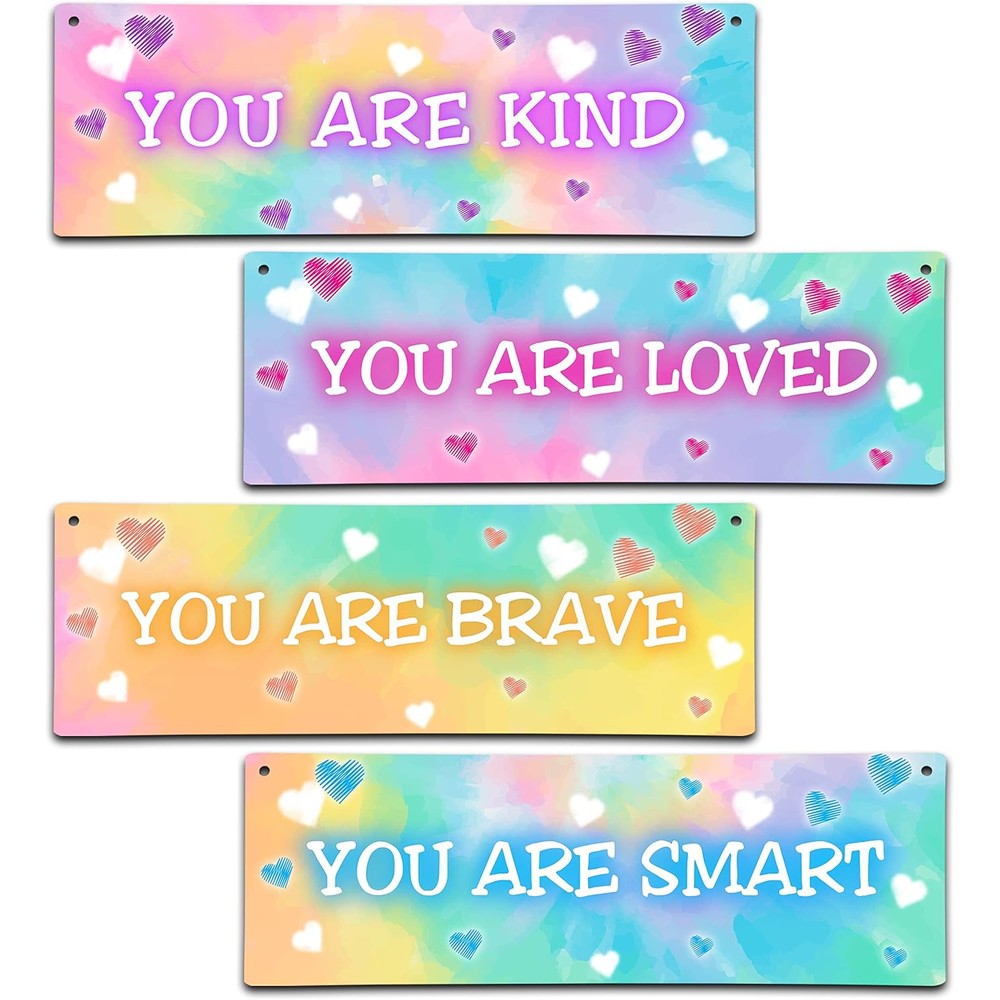 ISOVF 4 Pieces Tie Dye Kids Room Wall Decor Wooden Sign front view displaying positive affirmations