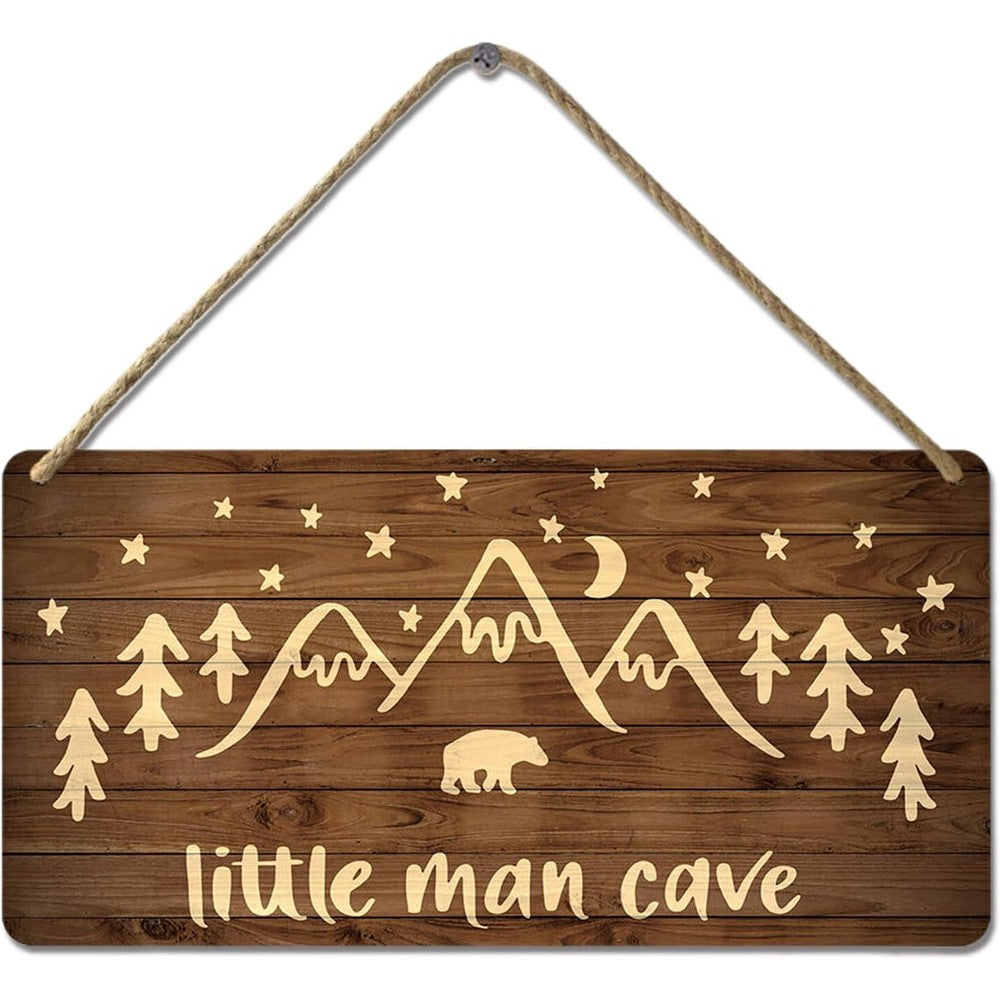 YOHIYE Little Man Cave Sign front view rustic woodland nursery wall decor for baby boy room
