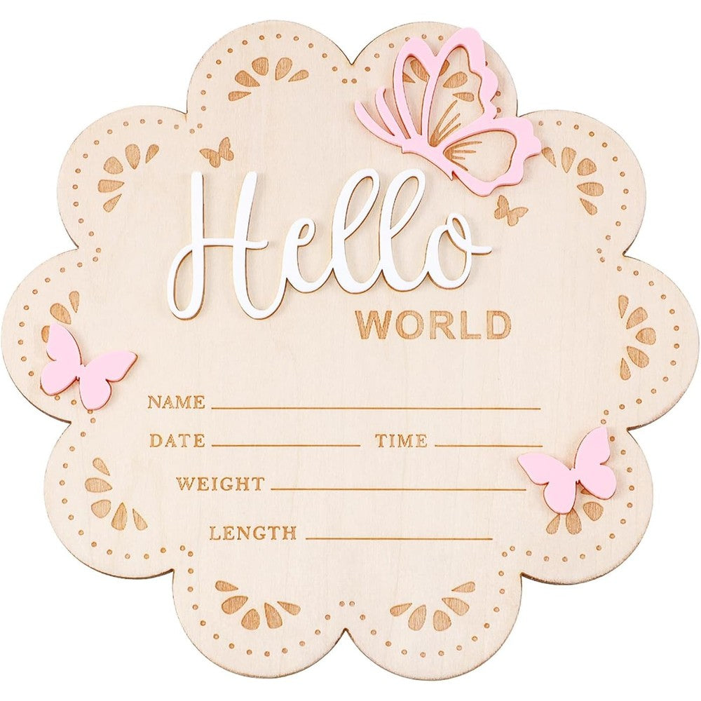 Nogeqi Hello World Newborn Sign front view showing pink butterfly accents and birth details section