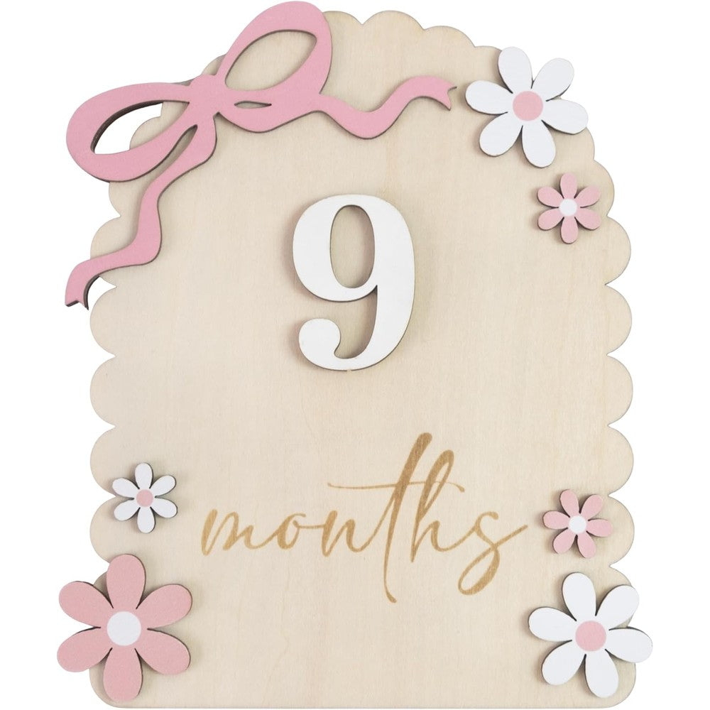 MEMOLEBIA baby girl monthly milestone signs front view showing wooden plaque with pink ribbon bow for newborn photography.
