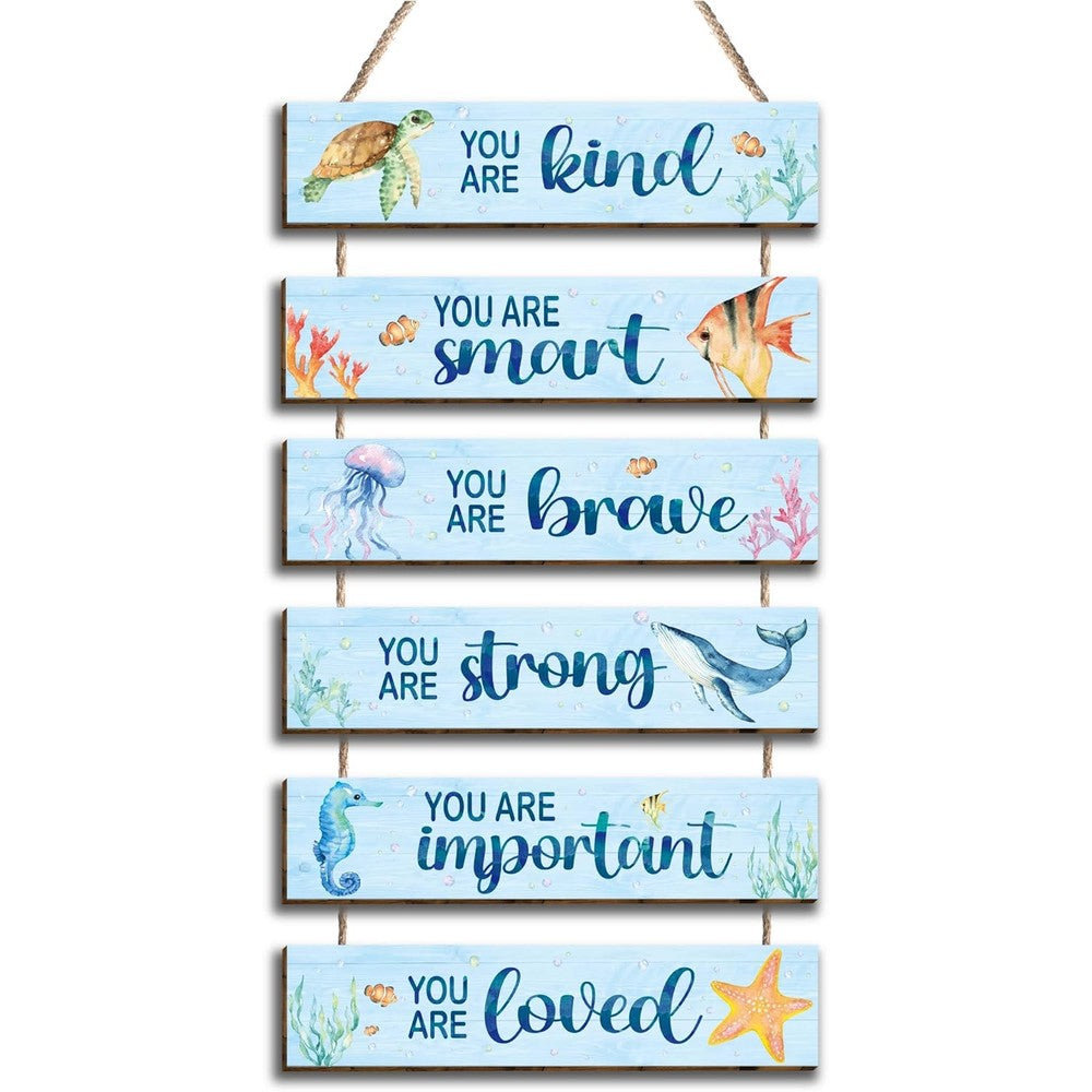 Kadiak 6 Piece Ocean Decor Kids Room Wooden Placards front view showing watercolor sea creatures and inspirational daily quotes for children nursery styling