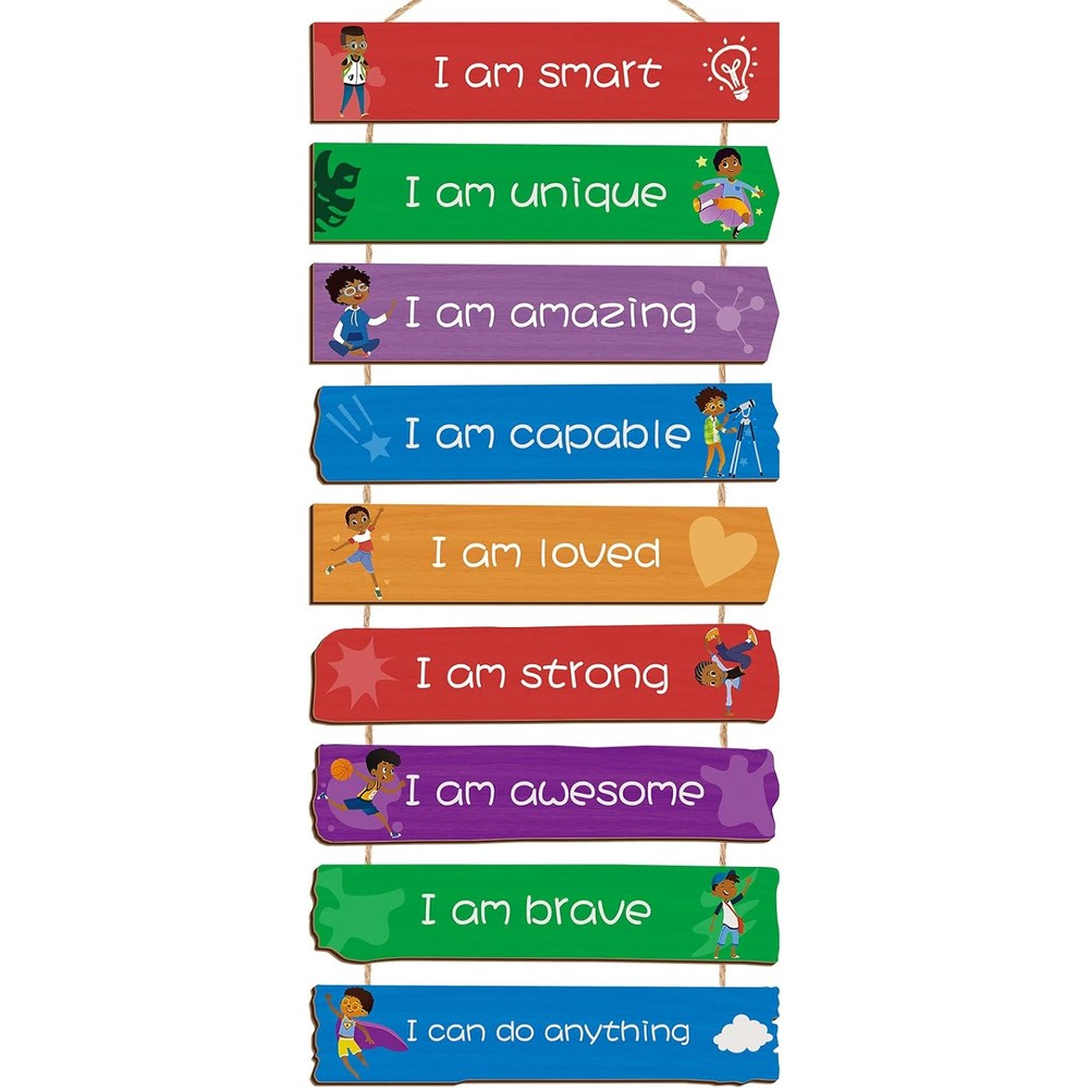 Chunful set of 9 boys room bedroom decor front view showing motivational wooden hanging plaques