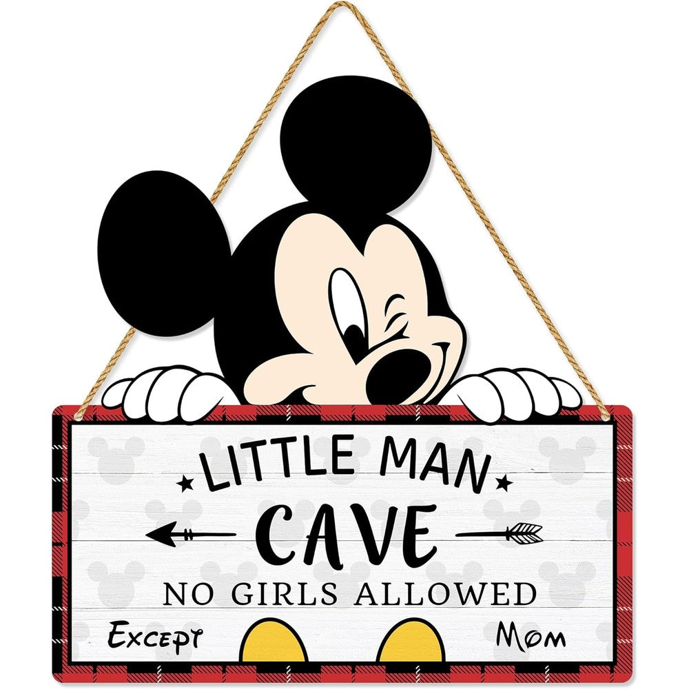 Poncpis Little Man Cave wooden hanging wall sign front view for nursery room decoration.