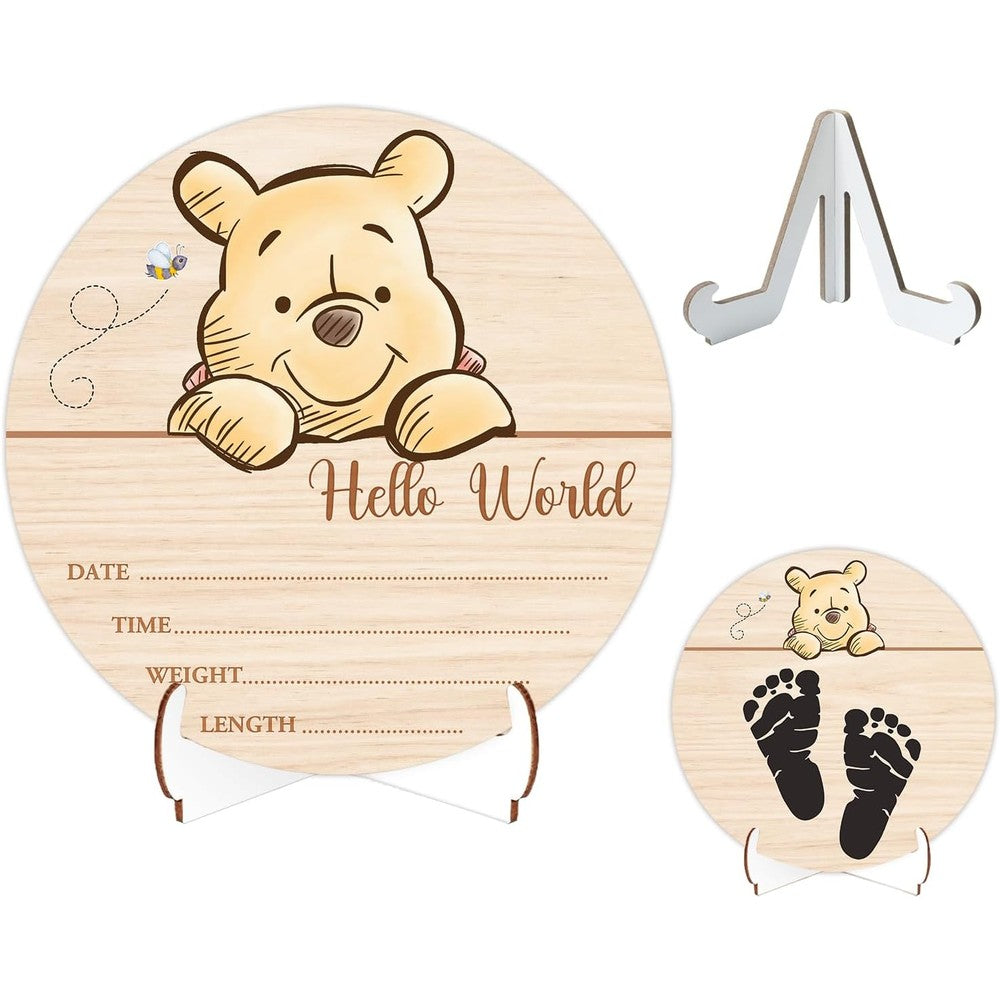 ALodr Winnie Baby wooden newborn birth sign front view featuring cute storybook character illustration