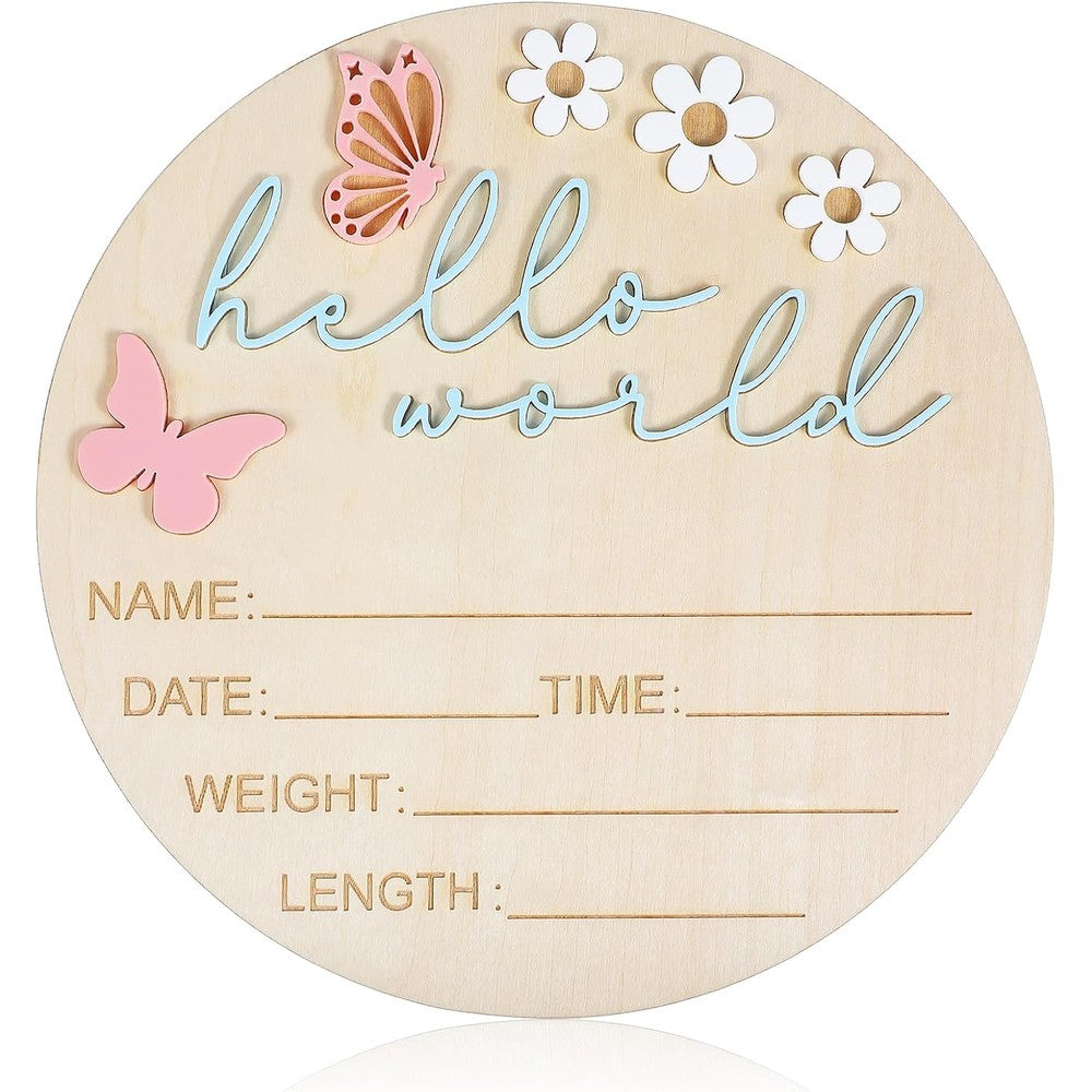 Lyreh Wooden Hello World Newborn Sign front view showcasing 3D lettering and pink butterfly accents for baby photography.