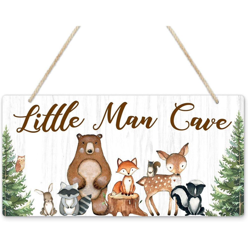 Uflashmi Wood Little Man Cave Sign front view featuring watercolor woodland animals for nursery wall decor.