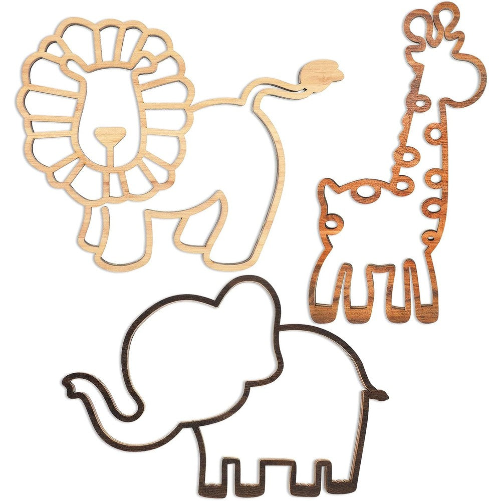 Yulejo jungle theme nursery wall decor front view featuring three wooden animal cutouts arranged on a neutral bedroom wall.