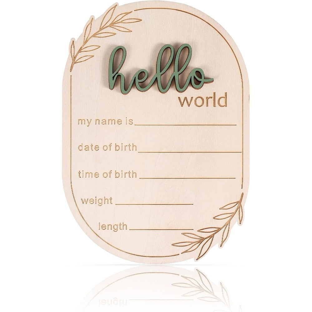Gosknor wooden baby announcement sign front view showcasing botanical engraving details.