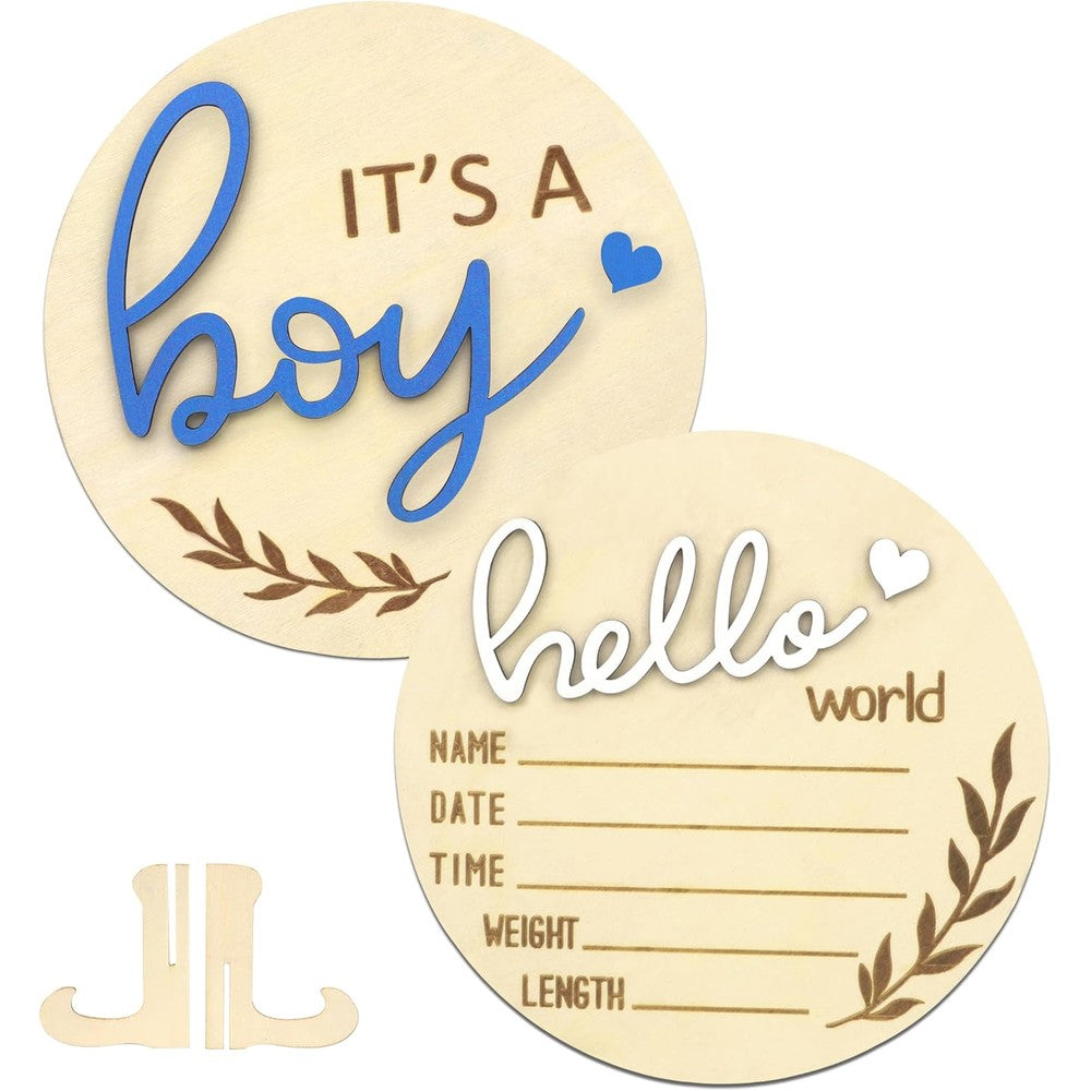 AINBIN Hello World newborn sign boy front view wooden birth announcement set