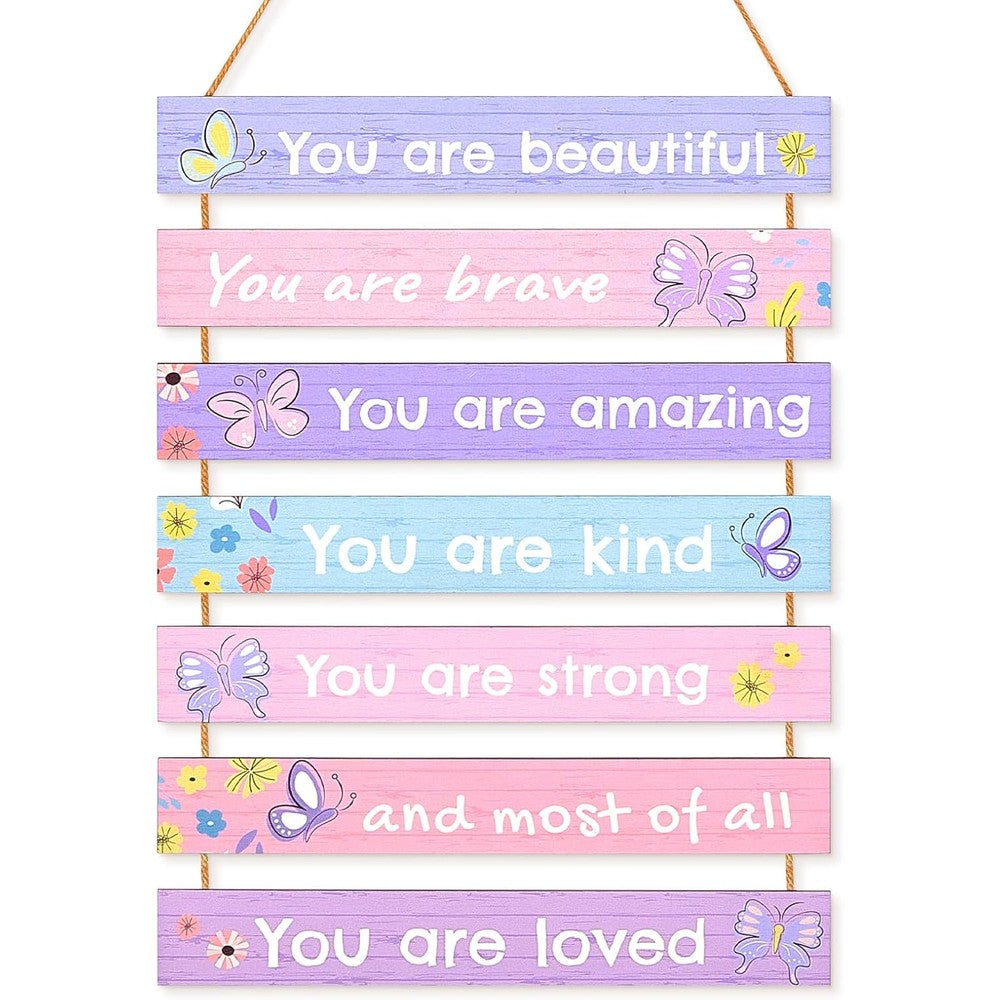 Beinou girls room decor front view showing the purple butterfly inspirational wooden hanging plaques.