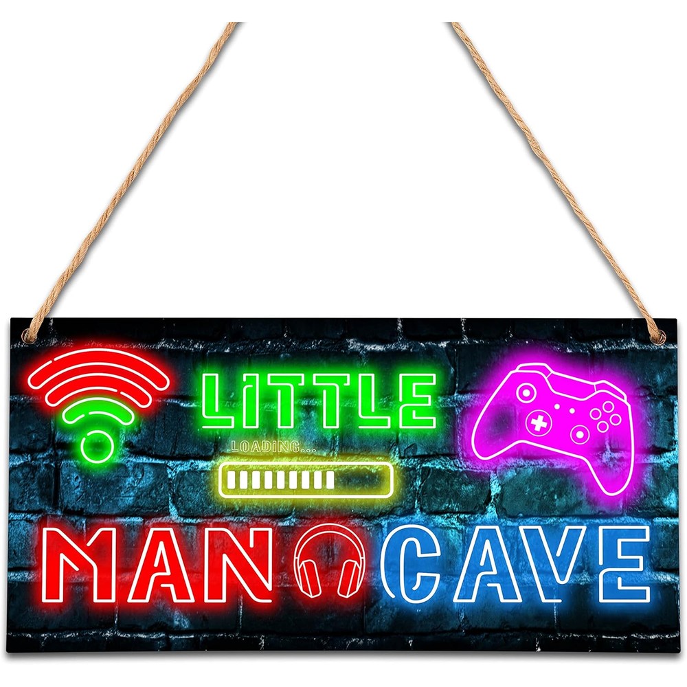 ZIIUFRN Little Man Cave neon gaming wooden door sign front view for boys bedroom decor