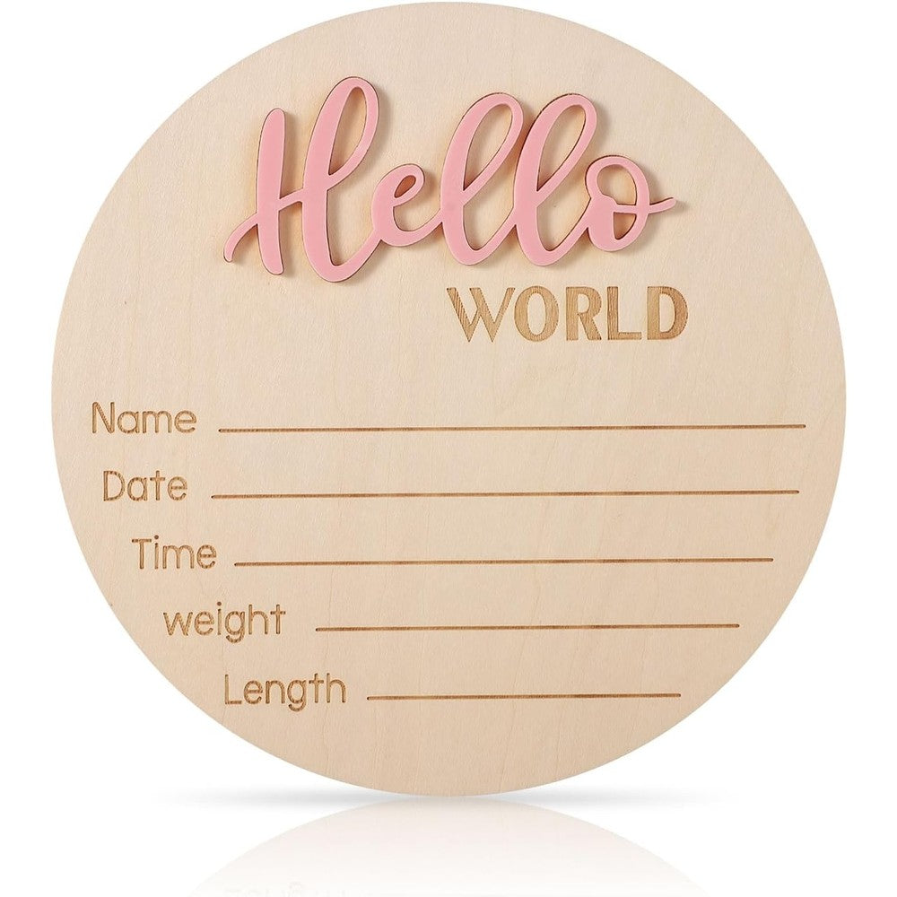 NQEUEPN wooden baby announcement sign front view showcasing pink 3D hello world lettering