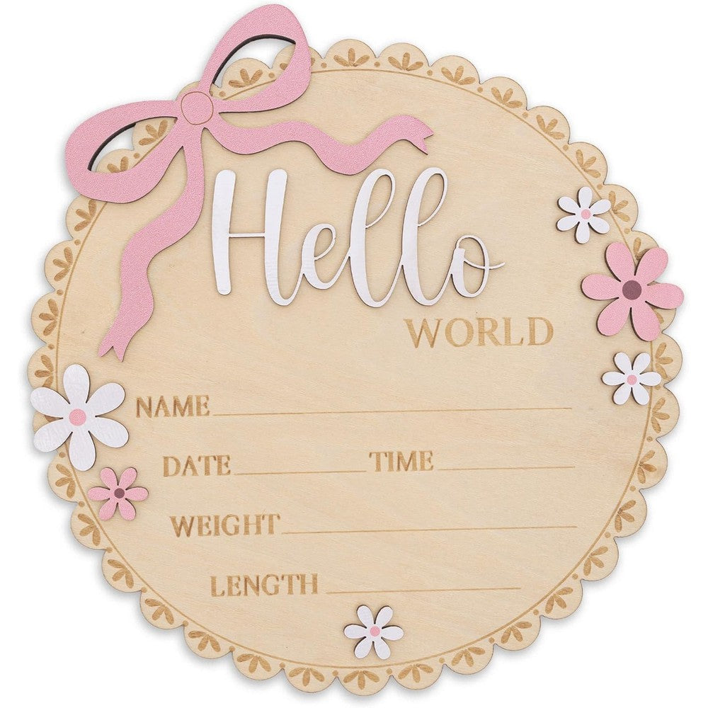 TTMerriwood Hello World Wooden Baby Birth Announcement Sign front view for newborn photography