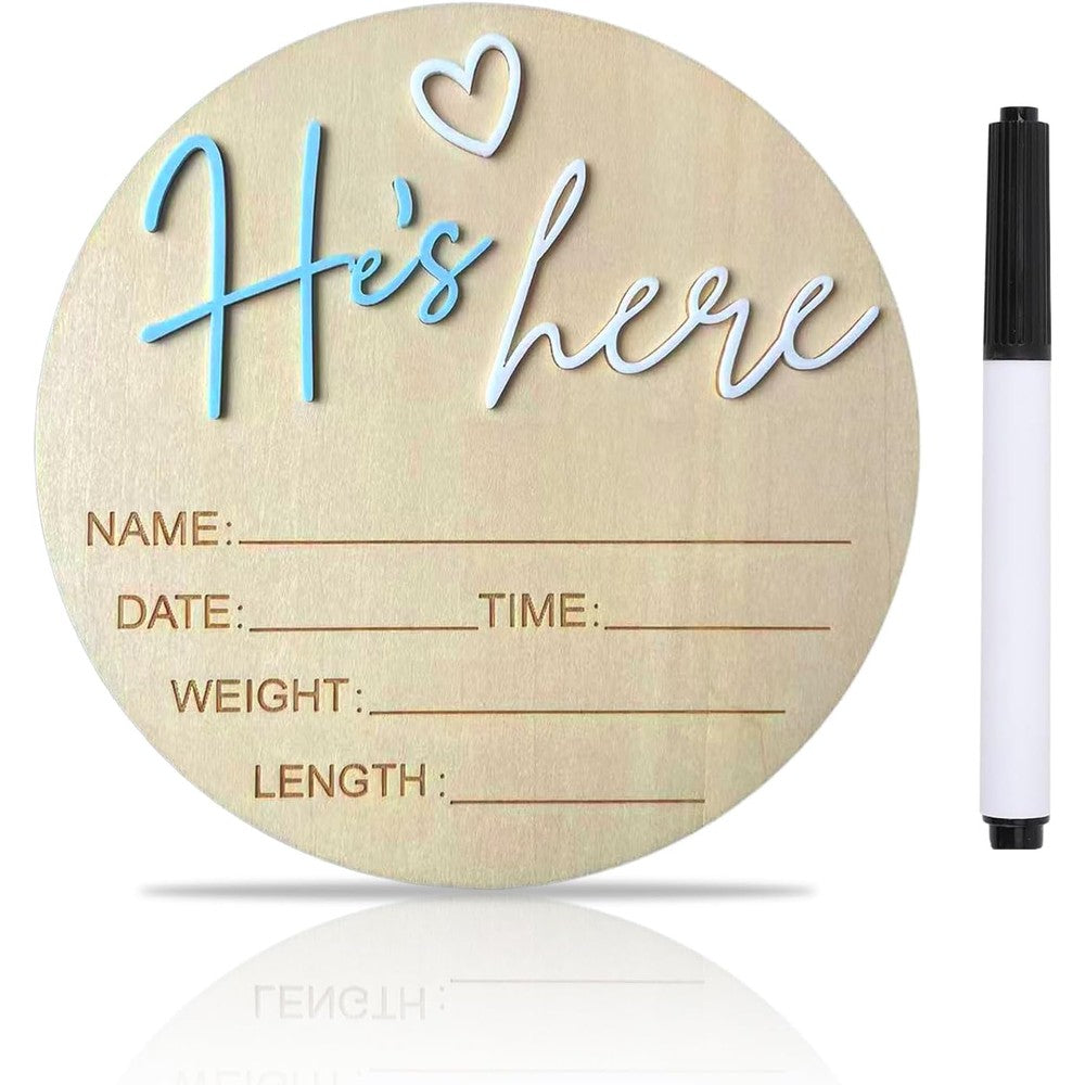 DUOJINSANXI baby announcement sign front view showcasing circular wooden disc with blue acrylic text