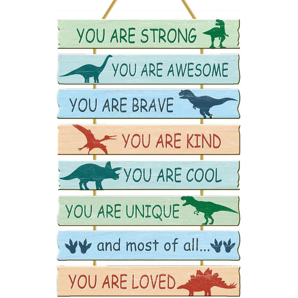 Rutiyoka dinosaur room decor front view showing eight interconnected blue panels with inspirational quotes for kids bedroom styling