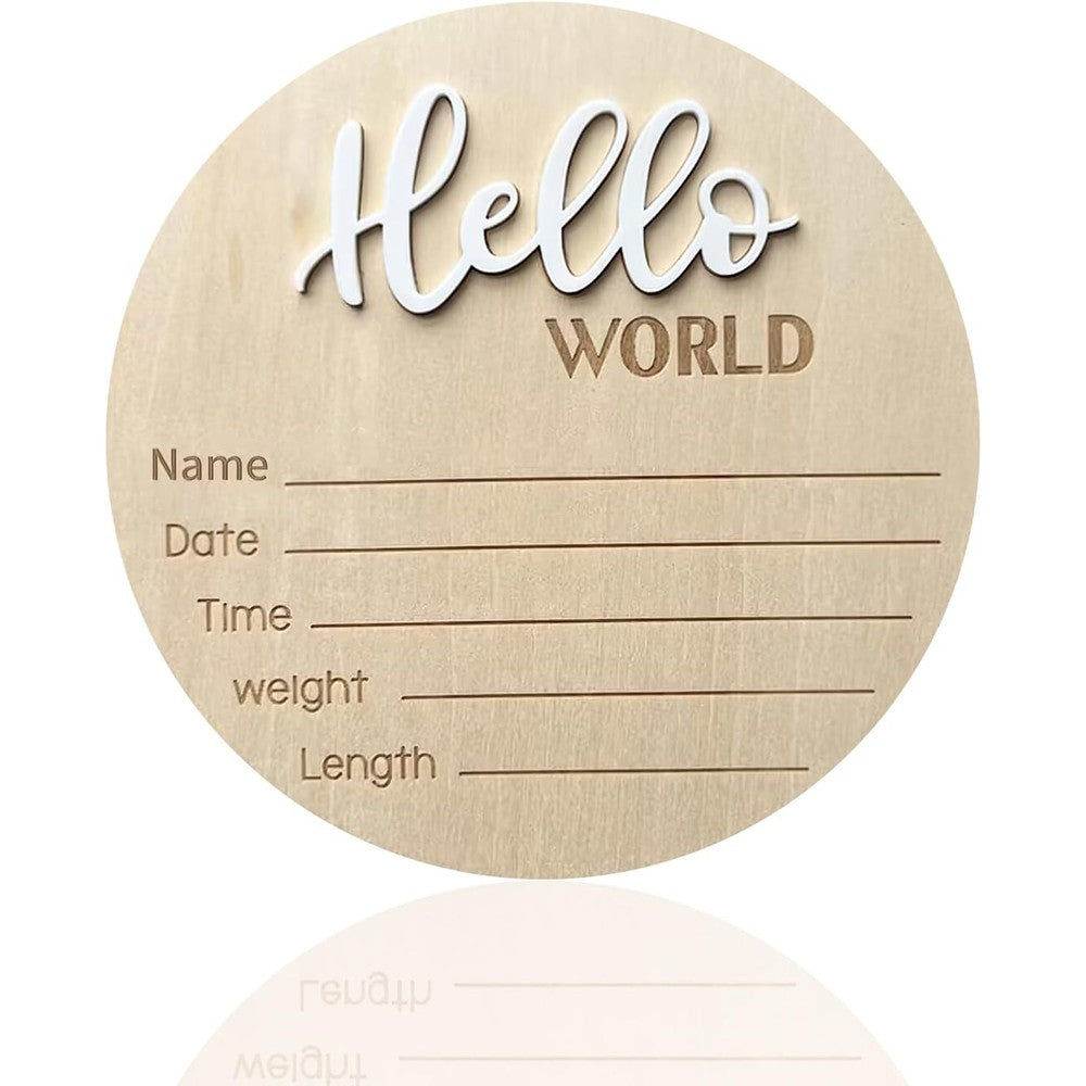 DUOJINSANXI baby announcement sign front view showing 3D Hello World text and birth statistics lines