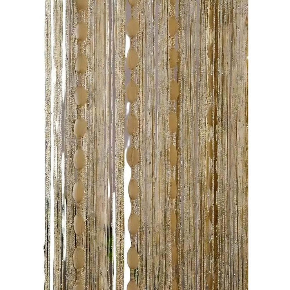 Layfoo metallic string door curtain front view showing gold beaded lines for home decoration.