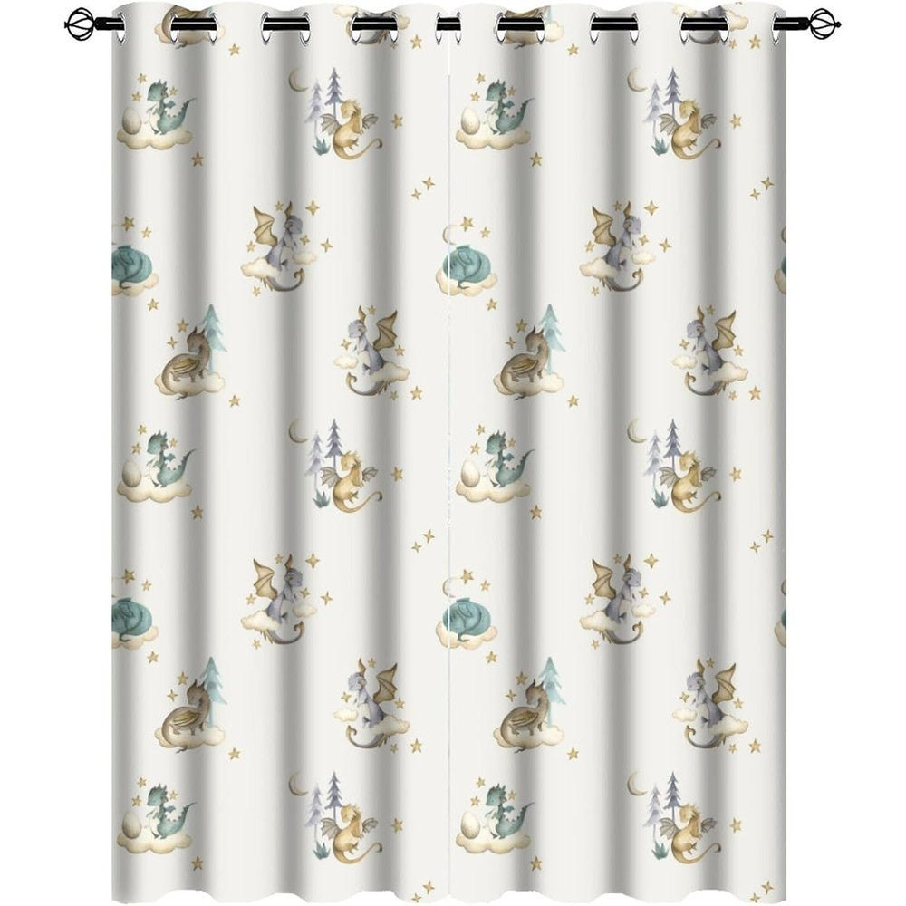 JretailAx watercolor cute baby dragon curtains front view hanging in a children bedroom
