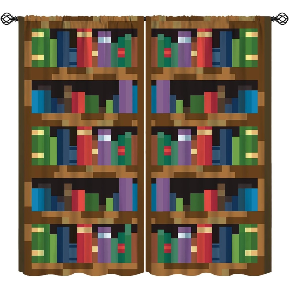 SHElifestyle pixelated bookshelf curtain for kids room front view hanging on window rod