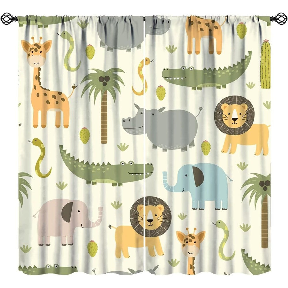 JADERYS cartoon jungle animals kids blackout curtains front view featuring colorful safari prints on green fabric panels.