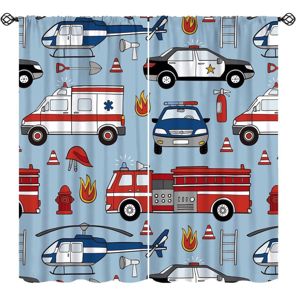 Wallira blue boys cartoon car curtains front view displaying emergency vehicle prints for kids bedroom decoration.