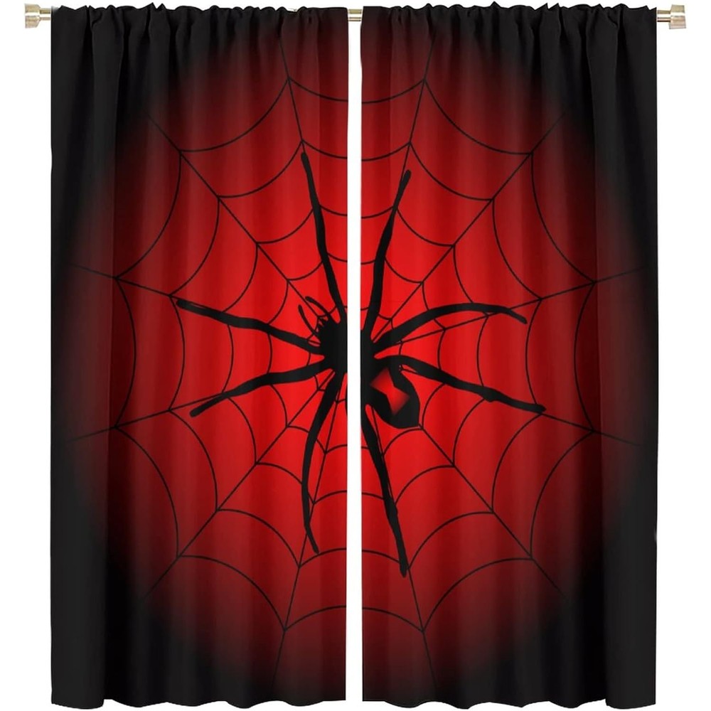 SHElifestyle spider web kids blackout curtains front view showcasing large black spider web on red background