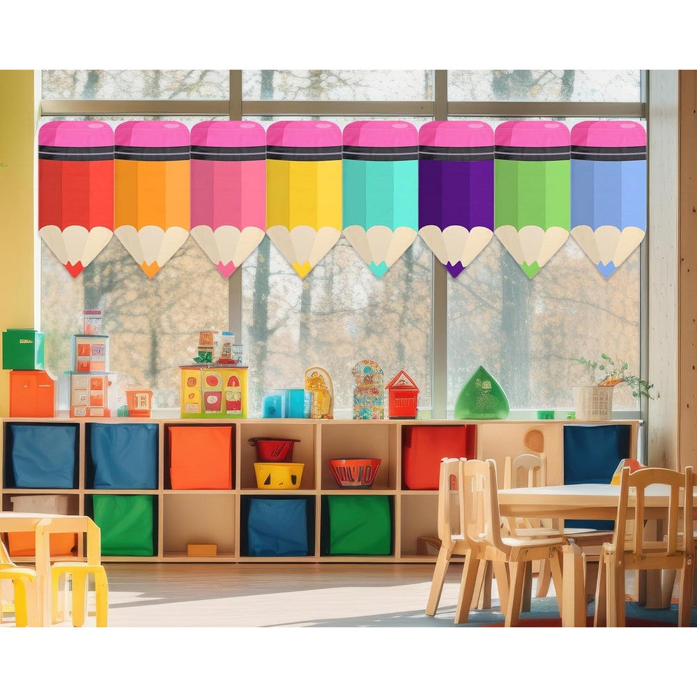 Cosblank rainbow pencil curtains 8-piece set front view on a classroom window.