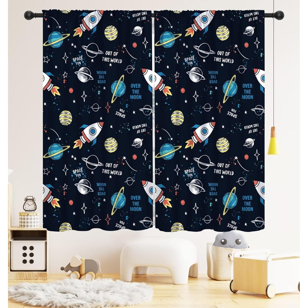 LOMADIA space kids blackout curtain front view featuring cartoon astronauts and solar system planets print on navy blue fabric.
